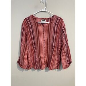 Flax Striped Button-Down Linen Blend Top in Red and Pink Tones